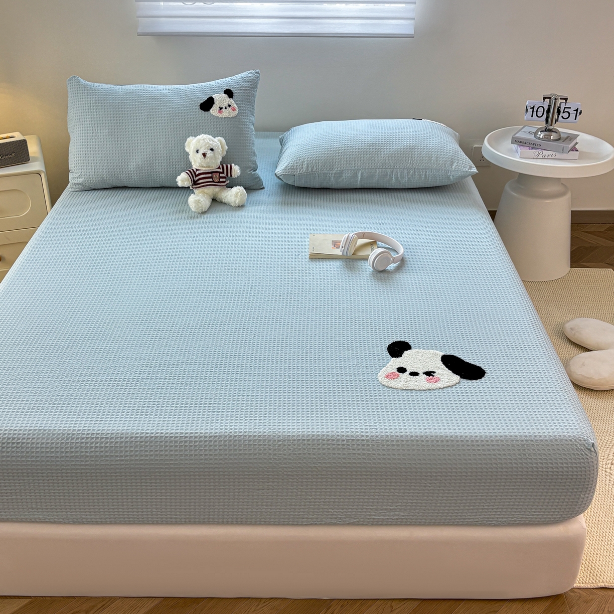 91家纺网 家纺一手货源 找家纺 居眠 2026新款全棉华夫格毛巾绣系列枕套 欢乐狗-蓝