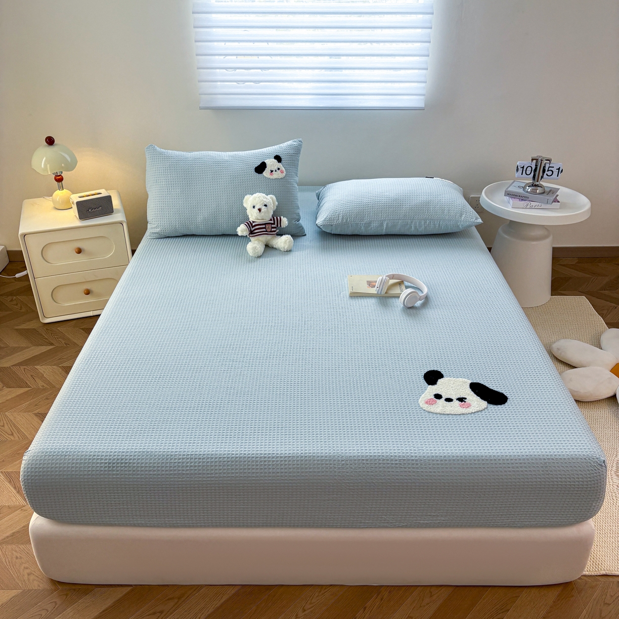 91家纺网 家纺一手货源 找家纺 居眠 2026新款全棉华夫格毛巾绣系列枕套 欢乐狗-蓝