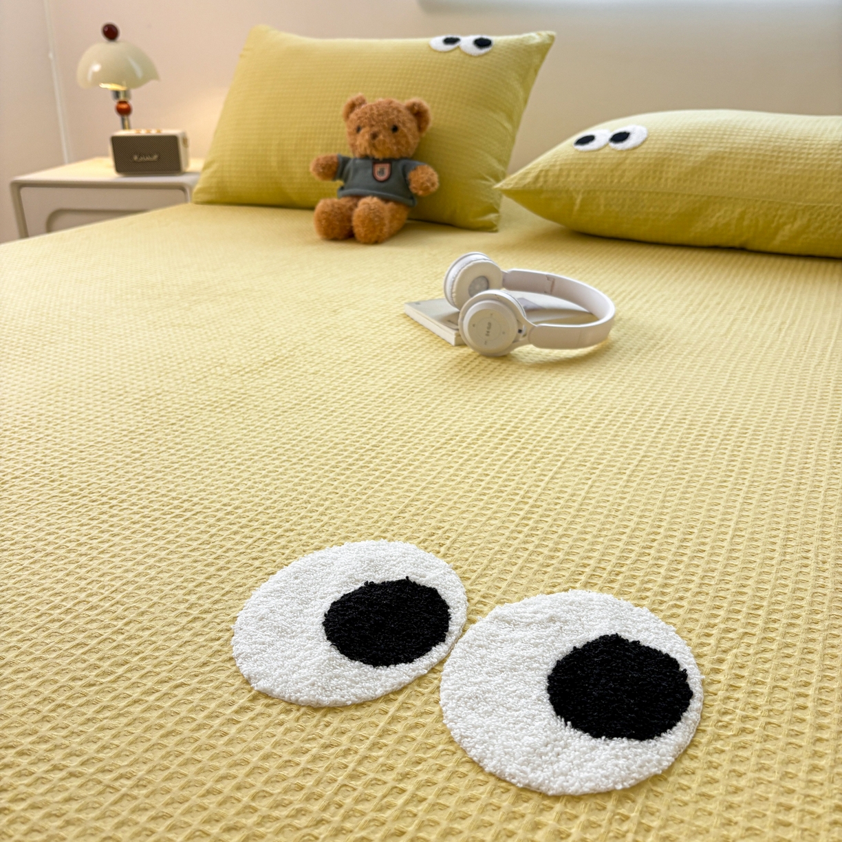 91家纺网 家纺一手货源 找家纺 居眠 2026新款全棉华夫格毛巾绣系列枕套 呆呆大眼-黄