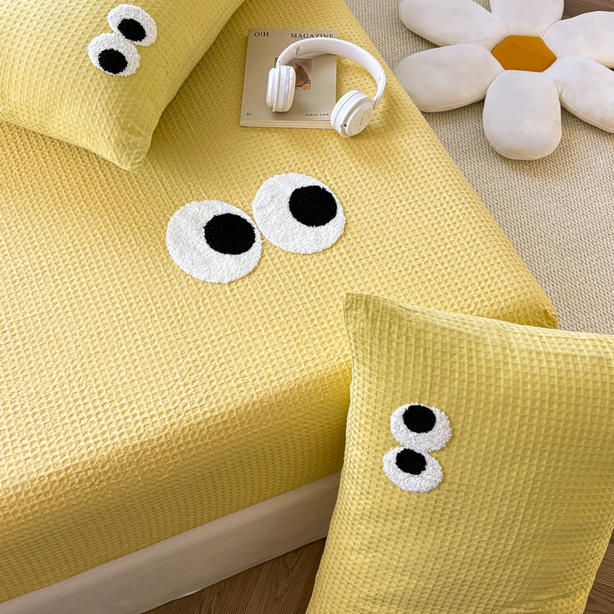 91家纺网 家纺一手货源 找家纺 居眠 2026新款全棉华夫格毛巾绣系列枕套 呆呆大眼-黄