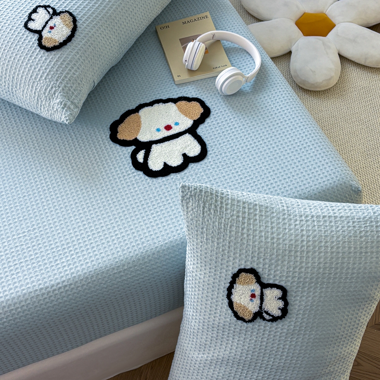 91家纺网 家纺一手货源 找家纺 居眠 2026新款全棉华夫格毛巾绣系列枕套 毛绒小狗-蓝