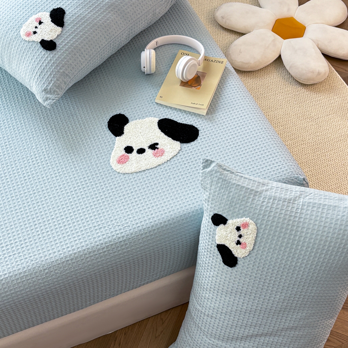 91家纺网 家纺一手货源 找家纺 居眠 2026新款全棉华夫格毛巾绣系列枕套 欢乐狗-蓝