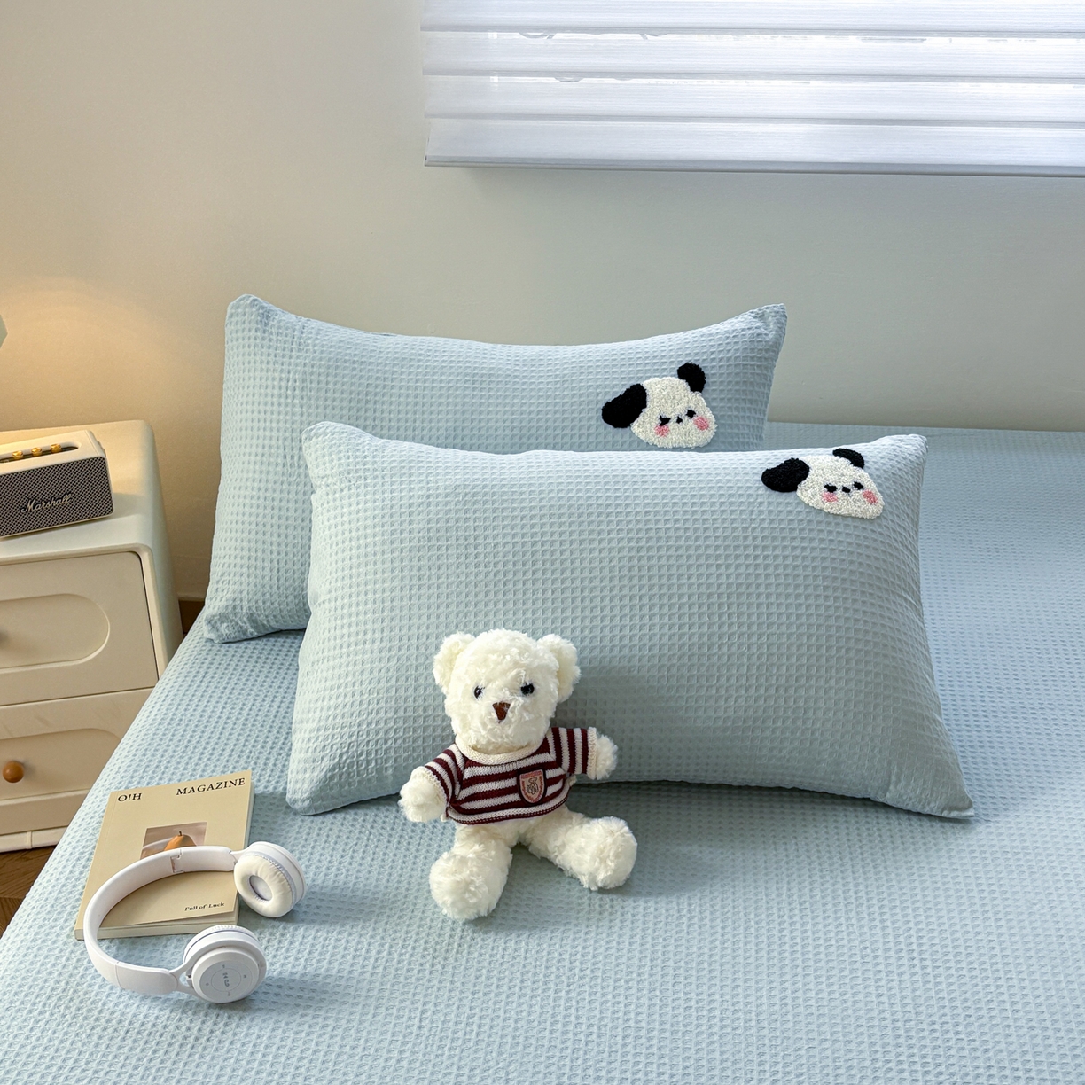 居眠 2026新款全棉华夫格毛巾绣系列枕套 欢乐狗-蓝