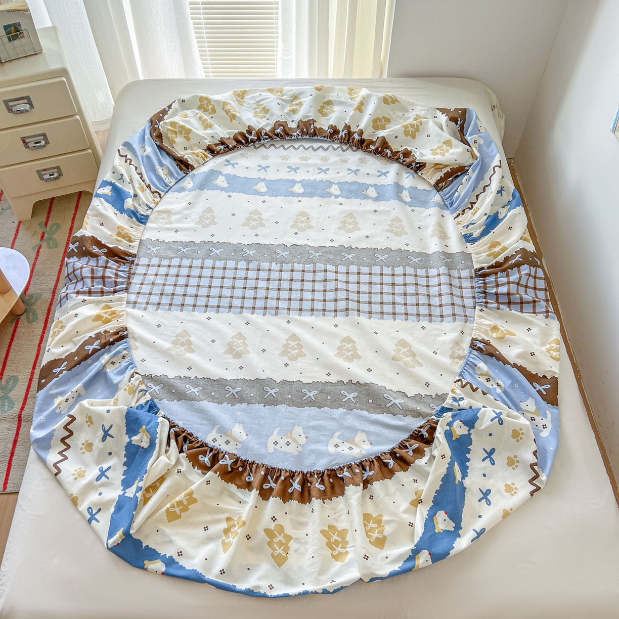 91家纺网 家纺一手货源 找家纺 （总）希诺家居 2026新款费尔岛风全棉小清新单品床单床笠三件套