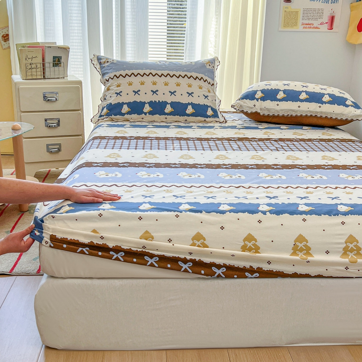 91家纺网 家纺一手货源 找家纺 （总）希诺家居 2026新款费尔岛风全棉小清新单品床单床笠三件套