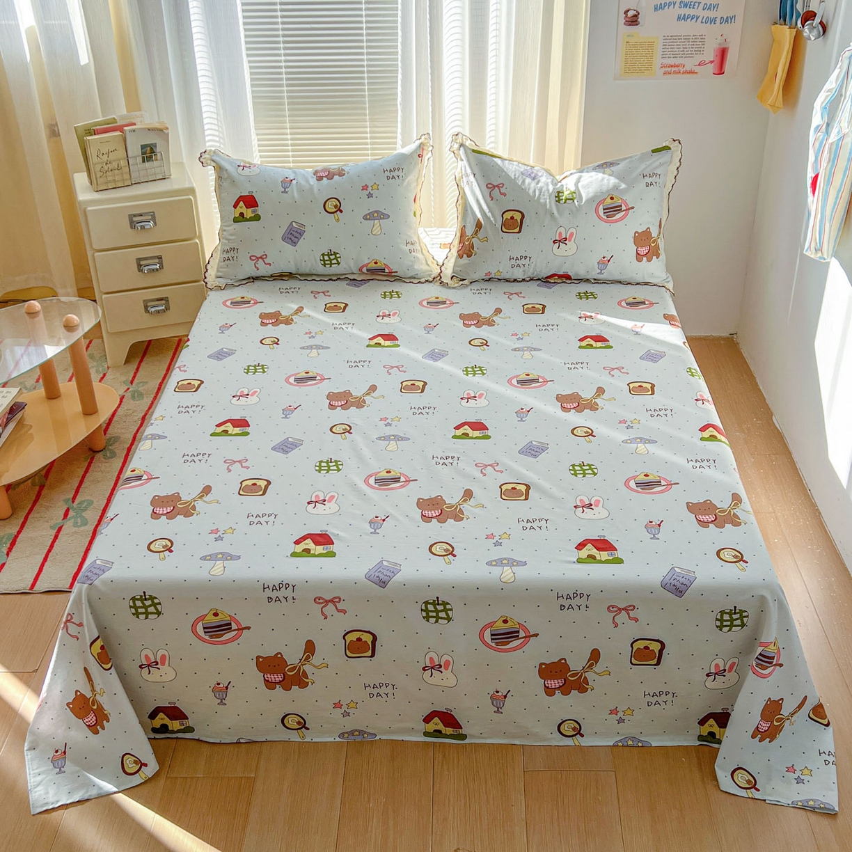 91家纺网 家纺一手货源 找家纺 希诺家居 2026新款费尔岛风全棉小清新单品床单床笠三件套 萌趣烘焙屋