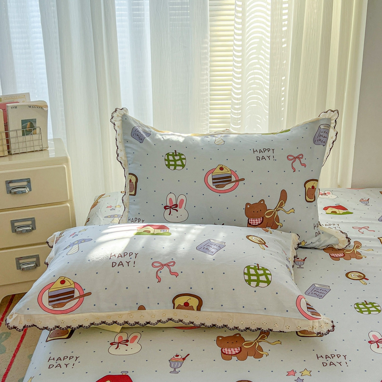 91家纺网 家纺一手货源 找家纺 希诺家居 2026新款费尔岛风全棉小清新单品床单床笠三件套 萌趣烘焙屋