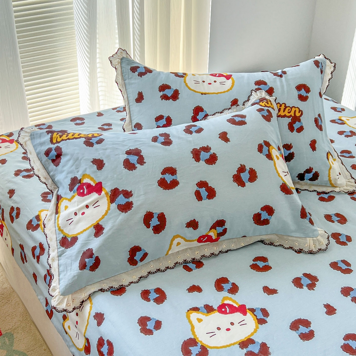 91家纺网 家纺一手货源 找家纺 希诺家居 2026新款费尔岛风全棉小清新单品床单床笠三件套 千禧喵-蓝