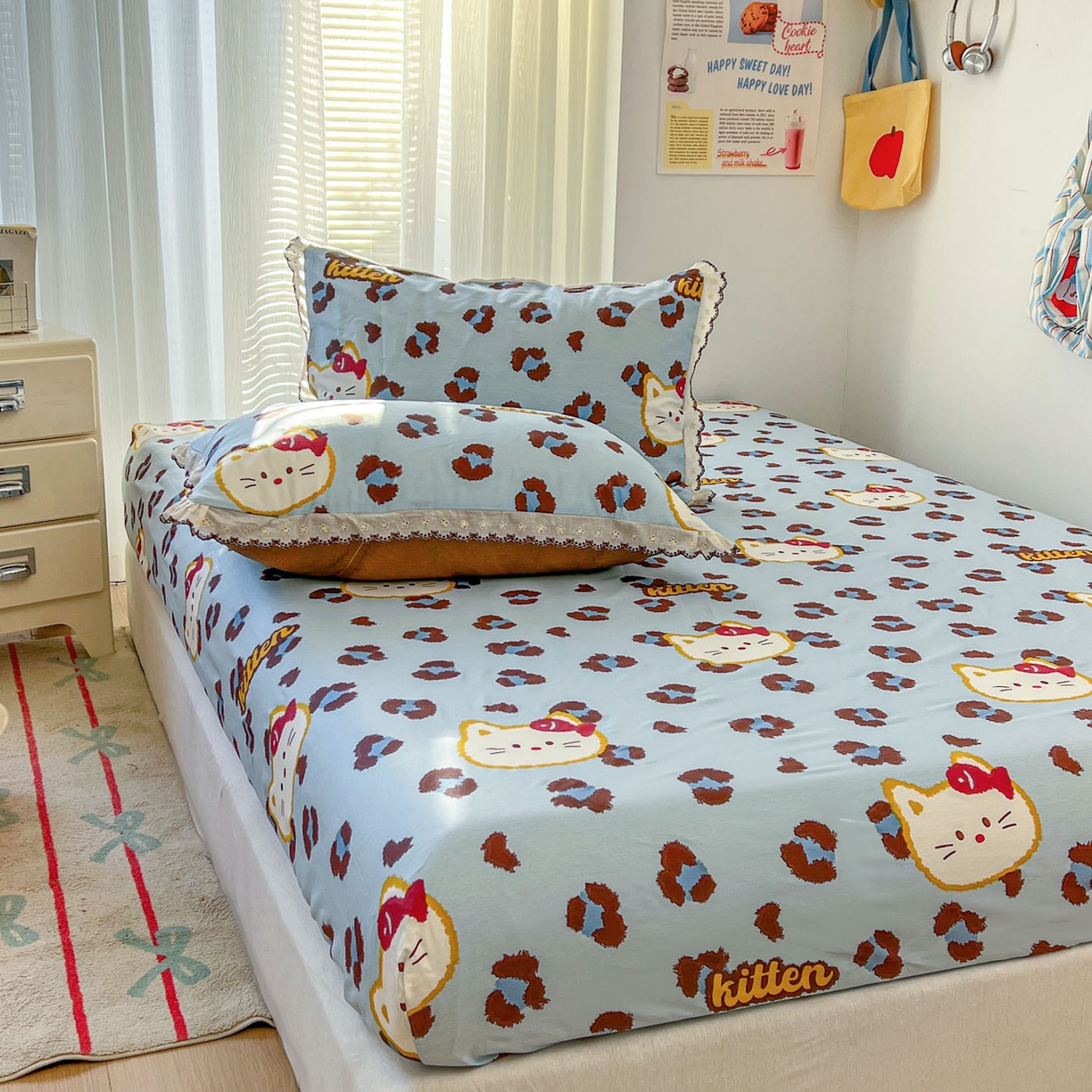 91家纺网 家纺一手货源 找家纺 希诺家居 2026新款费尔岛风全棉小清新单品床单床笠三件套 千禧喵-蓝