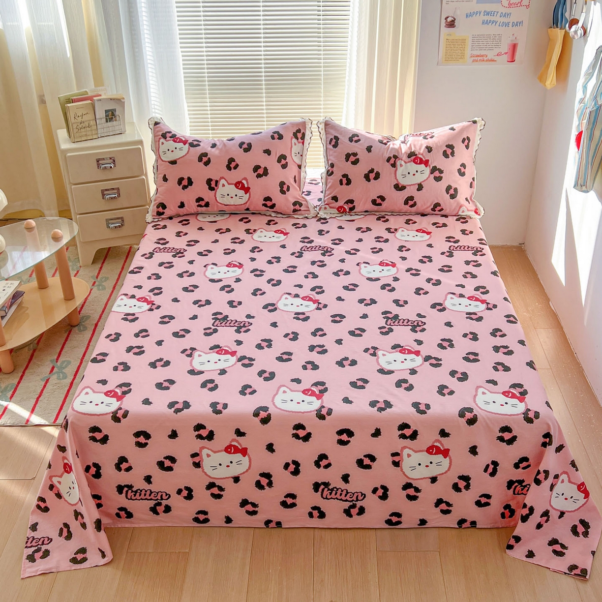 91家纺网 家纺一手货源 找家纺 希诺家居 2026新款费尔岛风全棉小清新单品床单床笠三件套 千禧喵-粉