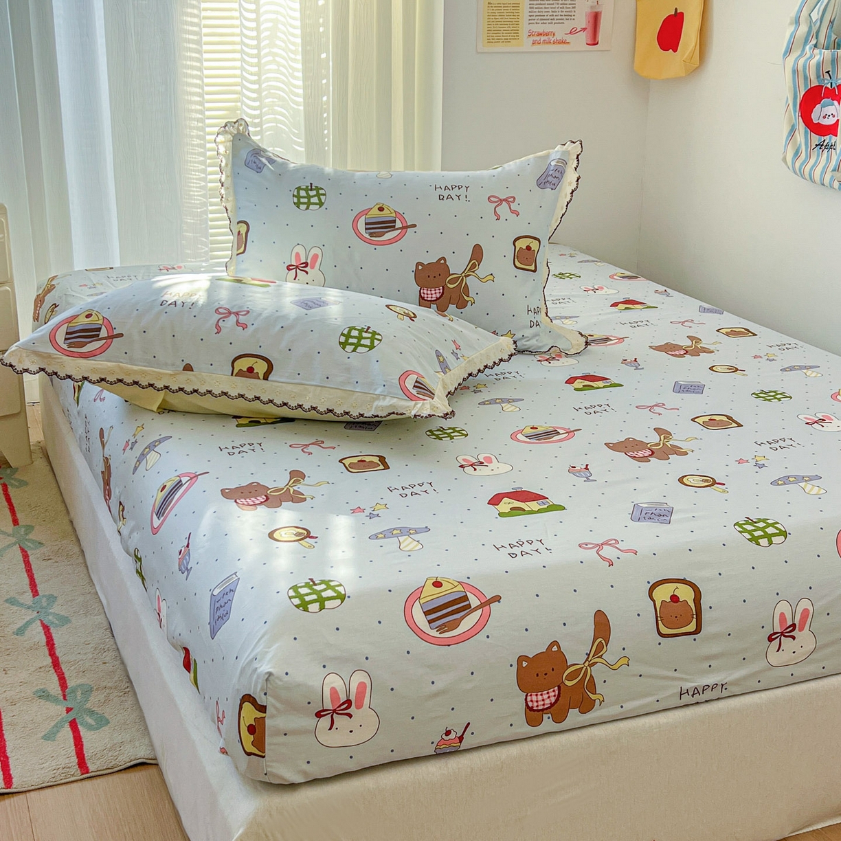 91家纺网 家纺一手货源 找家纺 希诺家居 2026新款费尔岛风全棉小清新单品床单床笠三件套 萌趣烘焙屋