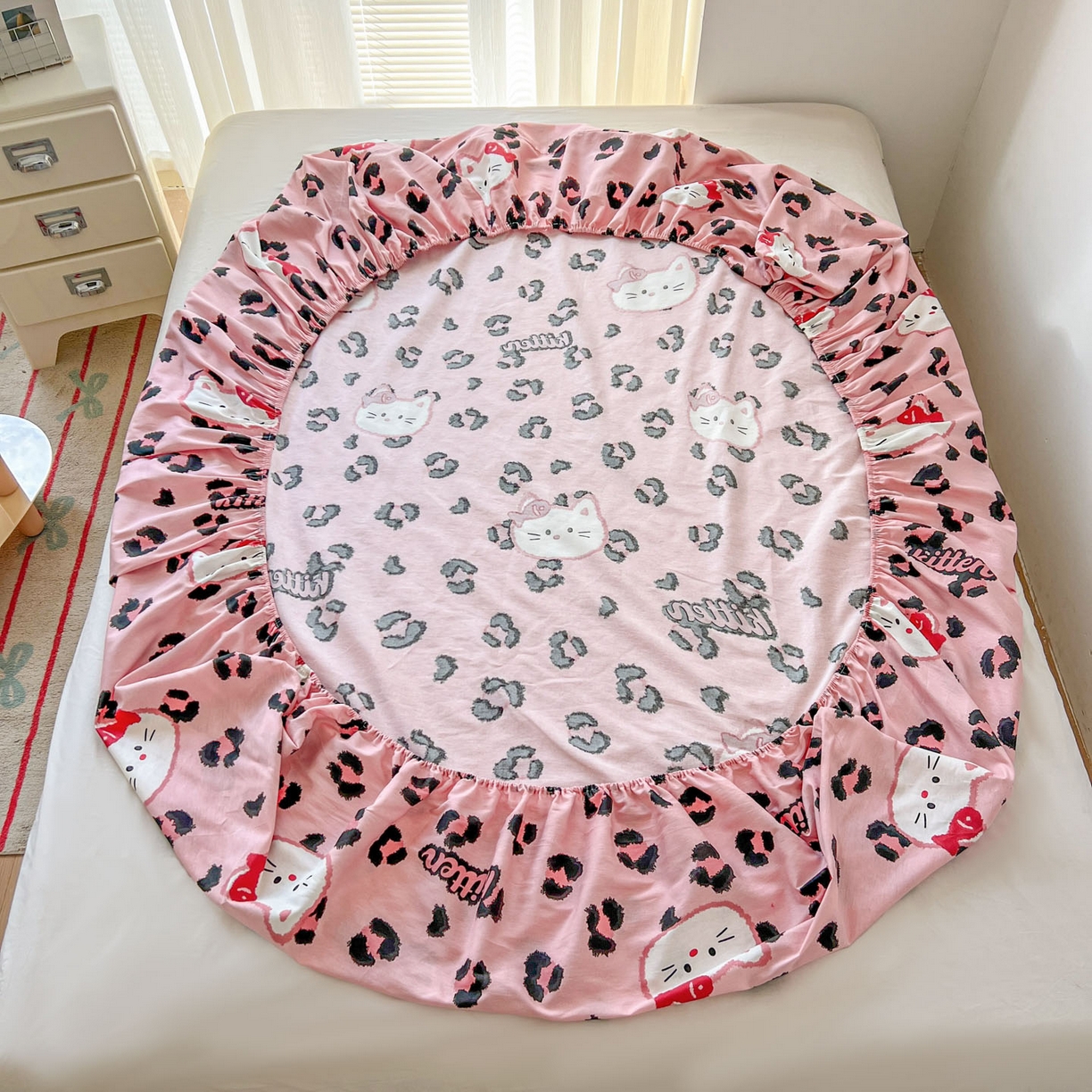 91家纺网 家纺一手货源 找家纺 希诺家居 2026新款费尔岛风全棉小清新单品床单床笠三件套 千禧喵-粉