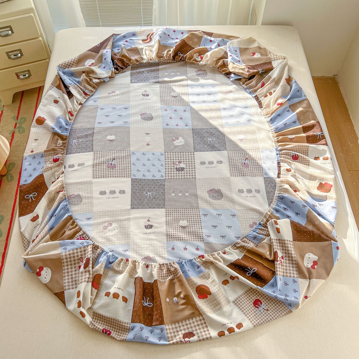 91家纺网 家纺一手货源 找家纺 希诺家居 2026新款费尔岛风全棉小清新单品床单床笠三件套 费尔岛甜品站