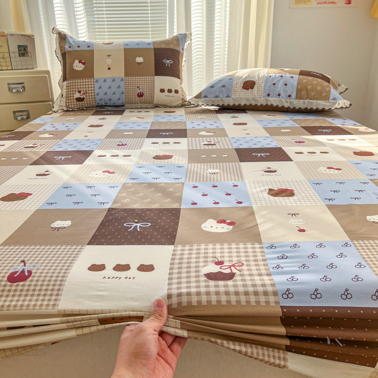 91家纺网 家纺一手货源 找家纺 希诺家居 2026新款费尔岛风全棉小清新单品床单床笠三件套 费尔岛甜品站