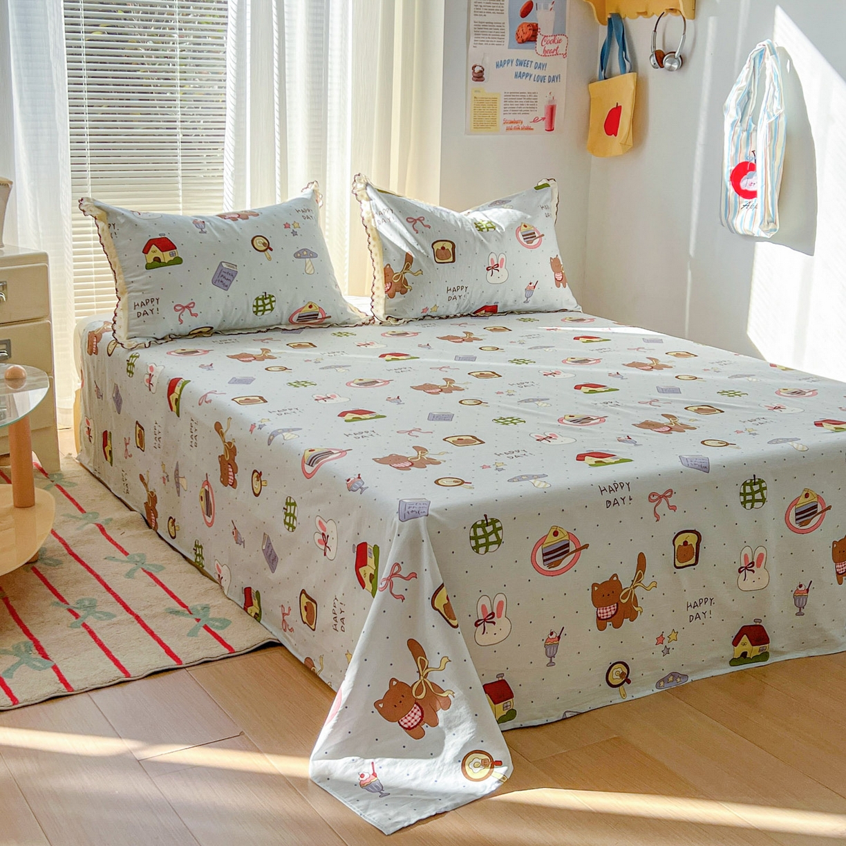 91家纺网 家纺一手货源 找家纺 希诺家居 2026新款费尔岛风全棉小清新单品床单床笠三件套 萌趣烘焙屋