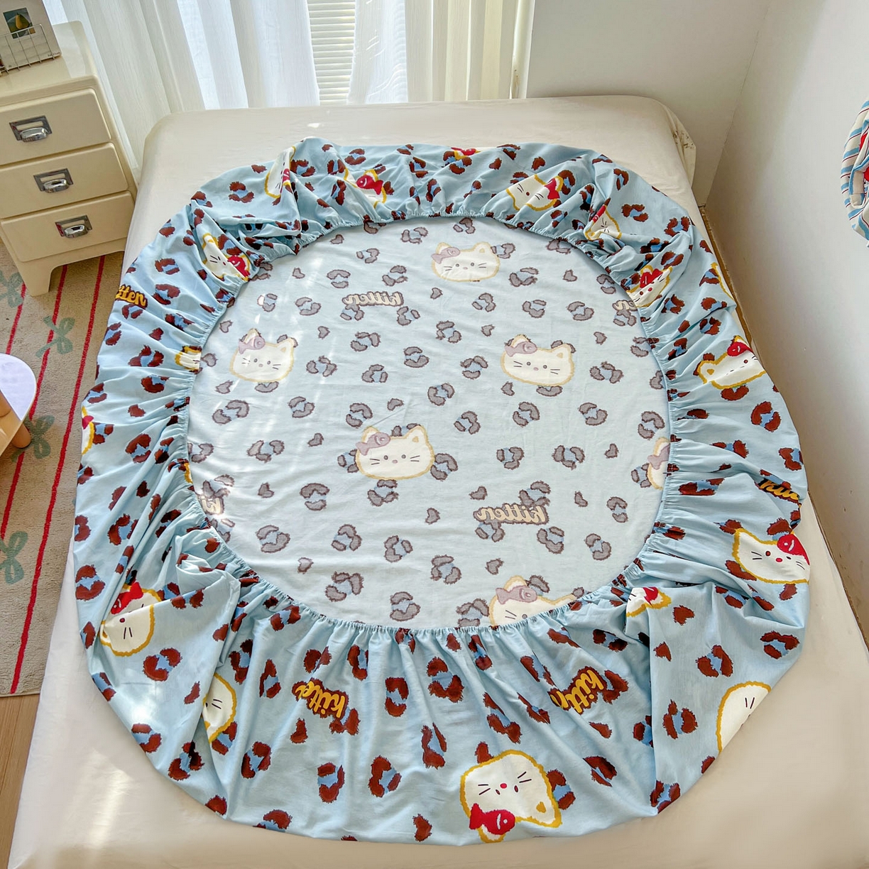 91家纺网 家纺一手货源 找家纺 希诺家居 2026新款费尔岛风全棉小清新单品床单床笠三件套 千禧喵-蓝