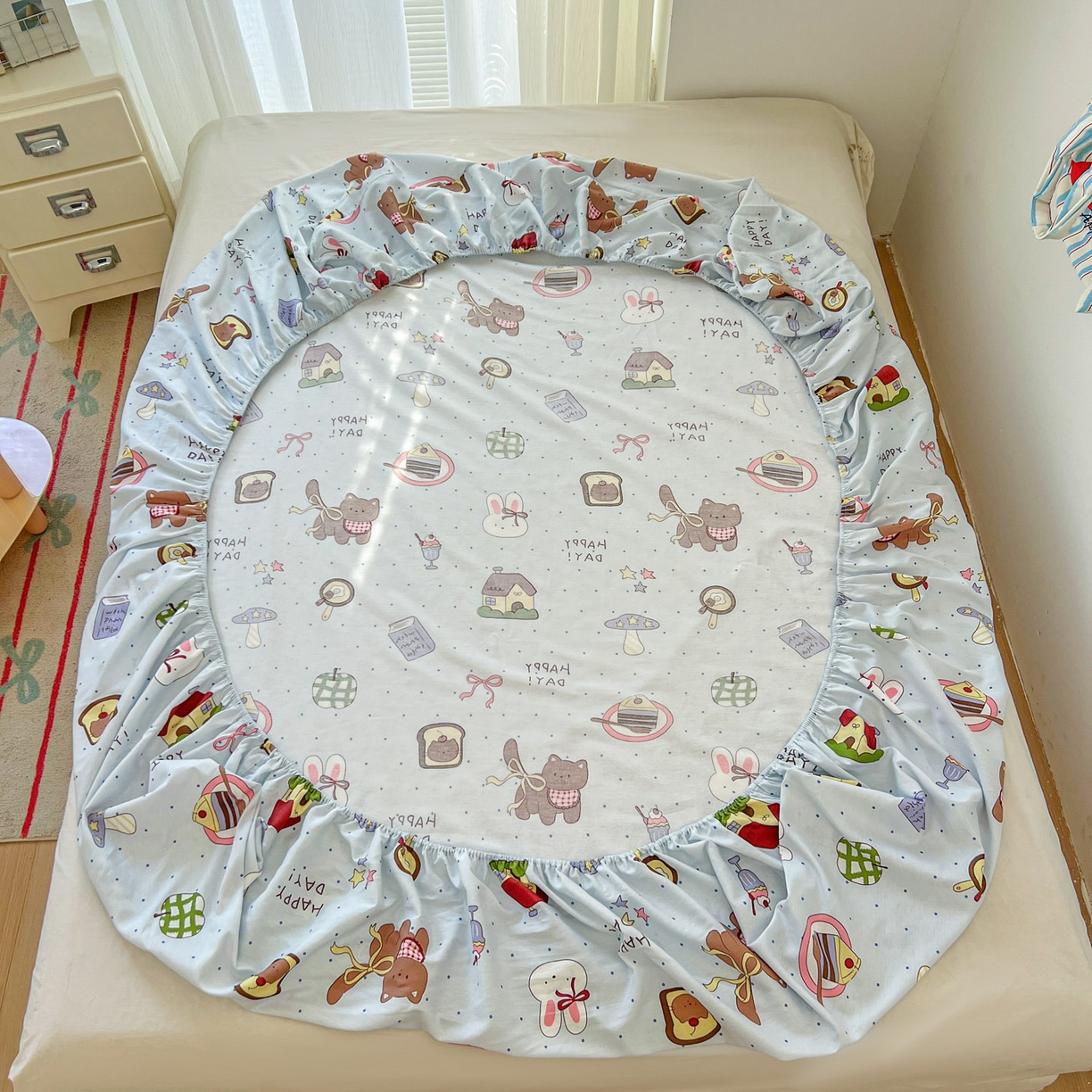 91家纺网 家纺一手货源 找家纺 希诺家居 2026新款费尔岛风全棉小清新单品床单床笠三件套 萌趣烘焙屋