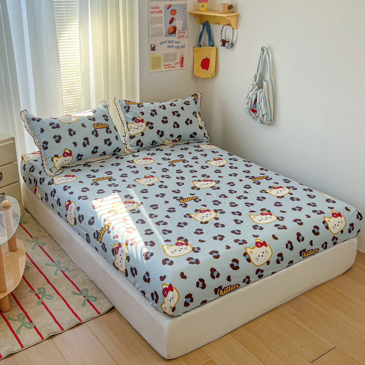 91家纺网 家纺一手货源 找家纺 希诺家居 2026新款费尔岛风全棉小清新单品床单床笠三件套 千禧喵-蓝