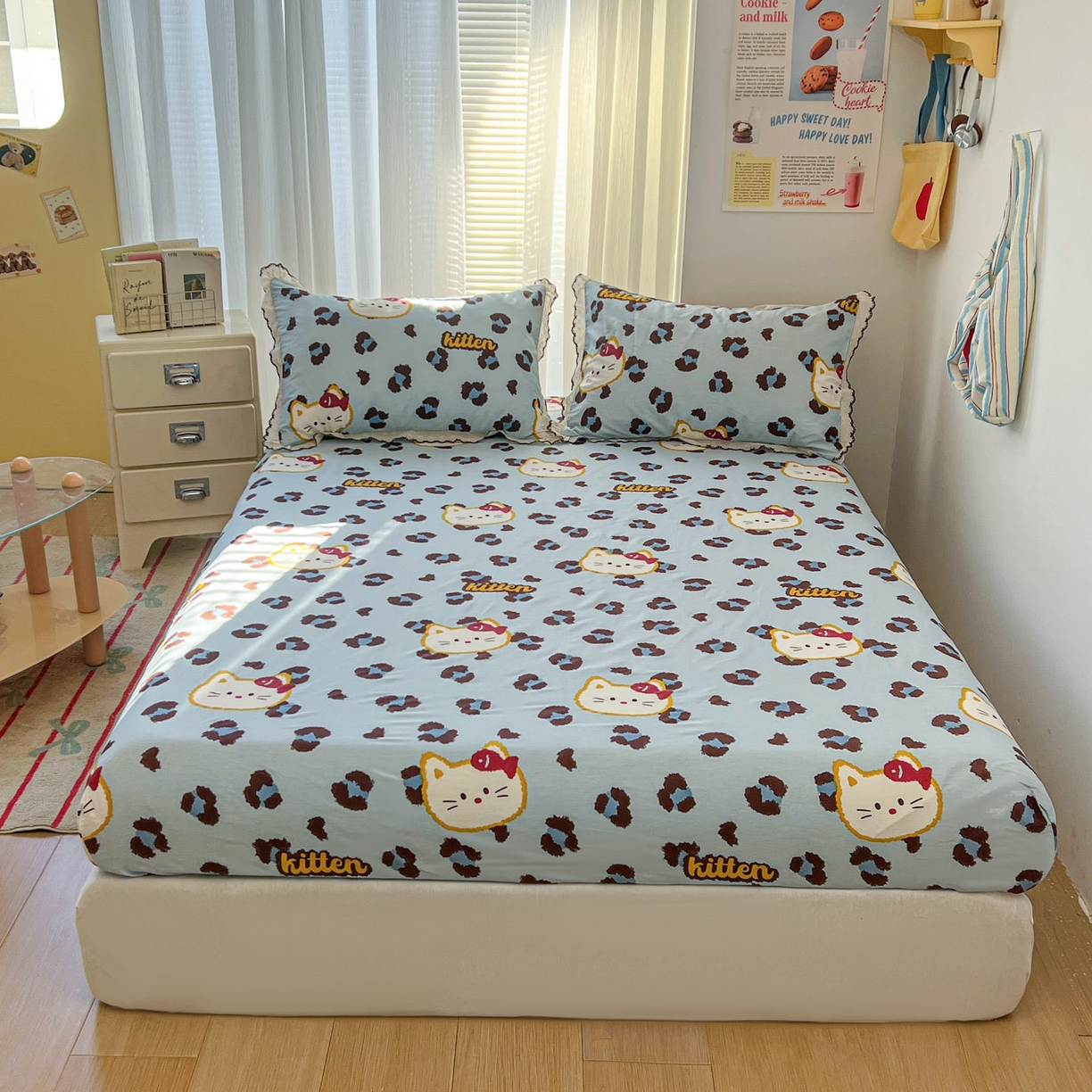 91家纺网 家纺一手货源 找家纺 希诺家居 2026新款费尔岛风全棉小清新单品床单床笠三件套 千禧喵-蓝