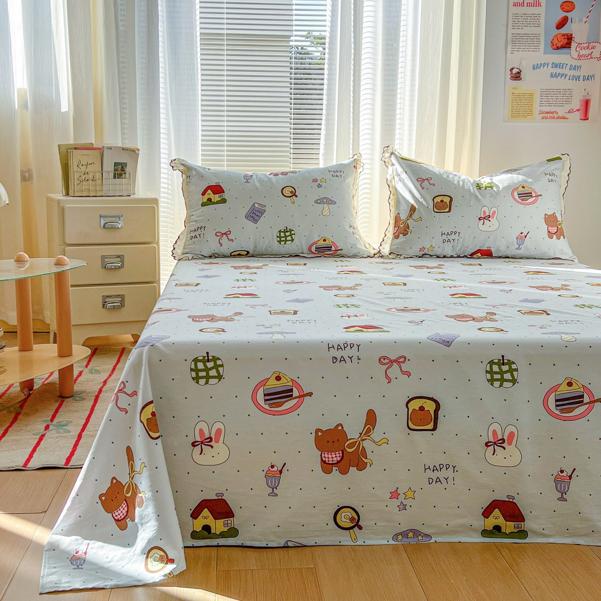 91家纺网 家纺一手货源 找家纺 希诺家居 2026新款费尔岛风全棉小清新单品床单床笠三件套 萌趣烘焙屋