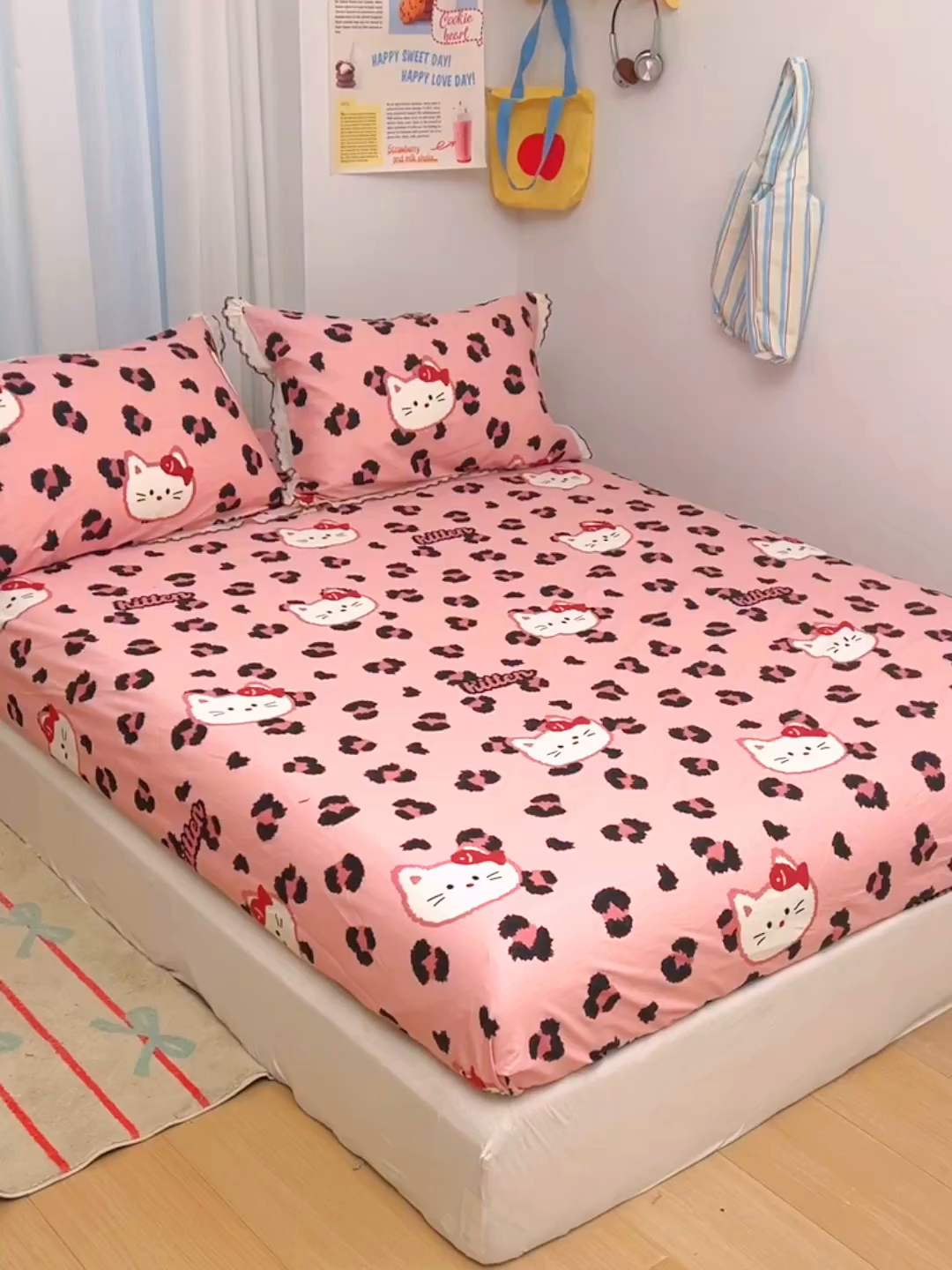 91家纺网 家纺一手货源 找家纺 希诺家居 2026新款费尔岛风全棉小清新单品床单床笠三件套 千禧喵-粉