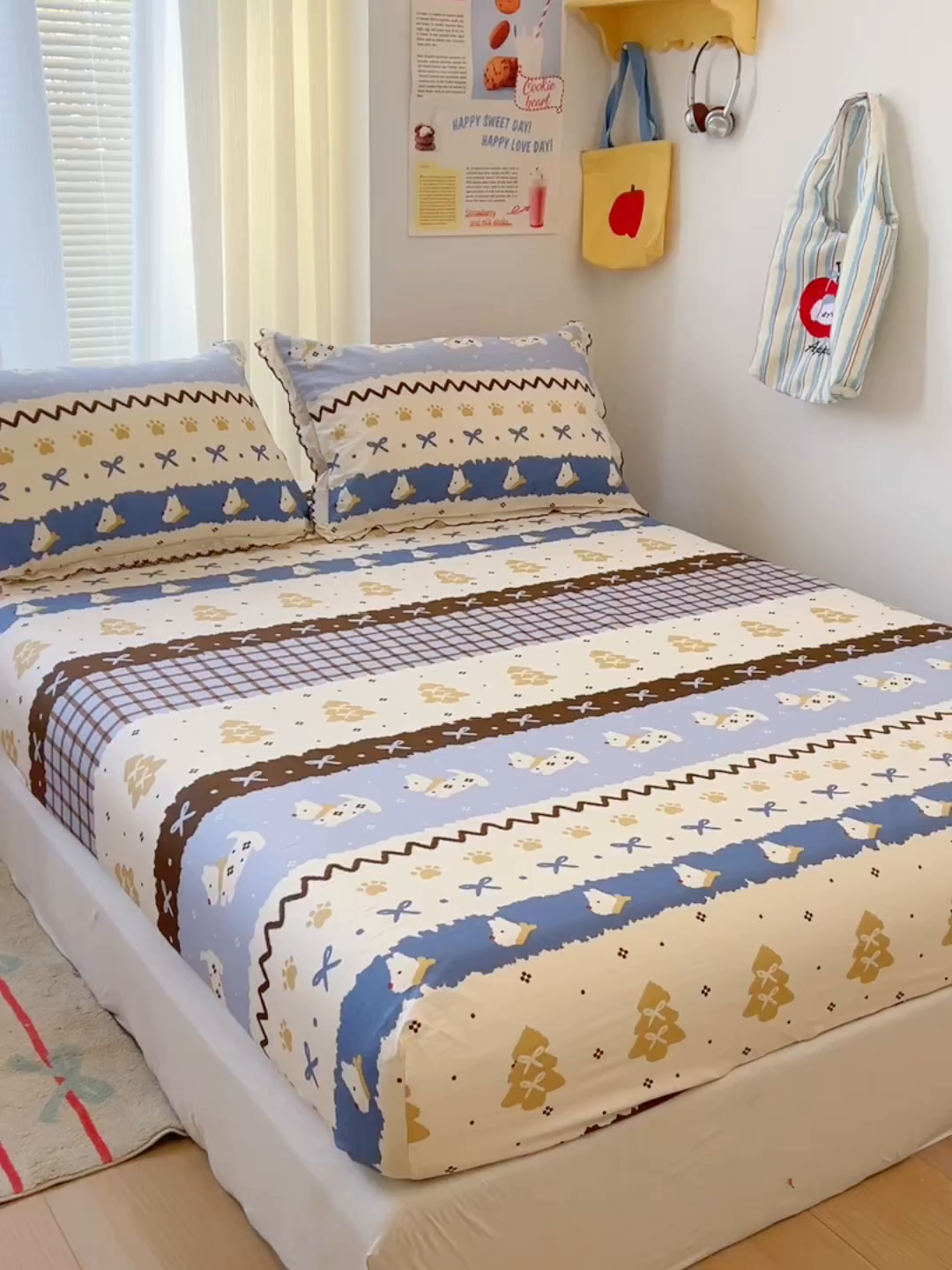 91家纺网 家纺一手货源 找家纺 希诺家居 2026新款费尔岛风全棉小清新单品床单床笠三件套 费尔岛围巾小狗