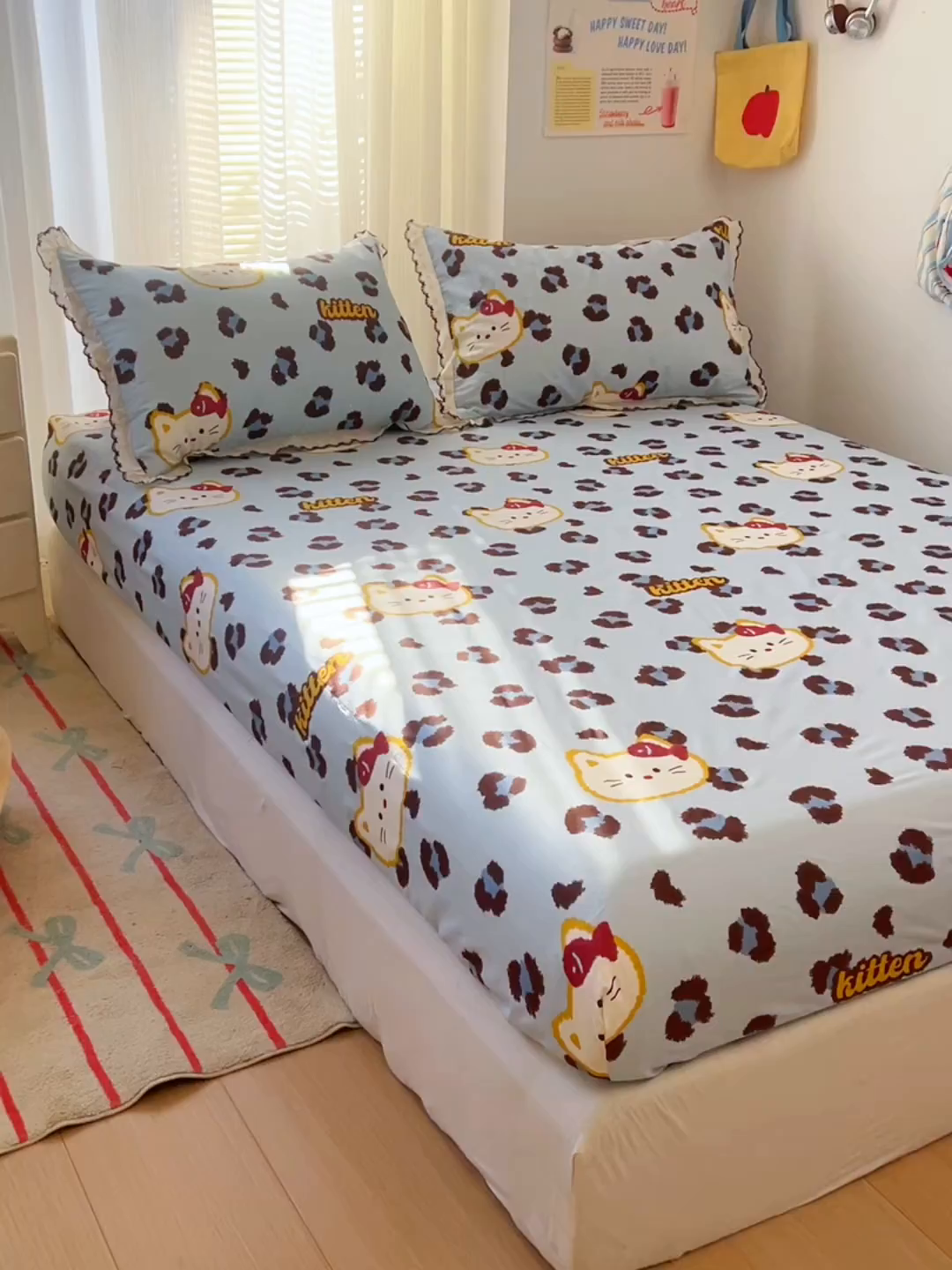 91家纺网 家纺一手货源 找家纺 希诺家居 2026新款费尔岛风全棉小清新单品床单床笠三件套 千禧喵-蓝