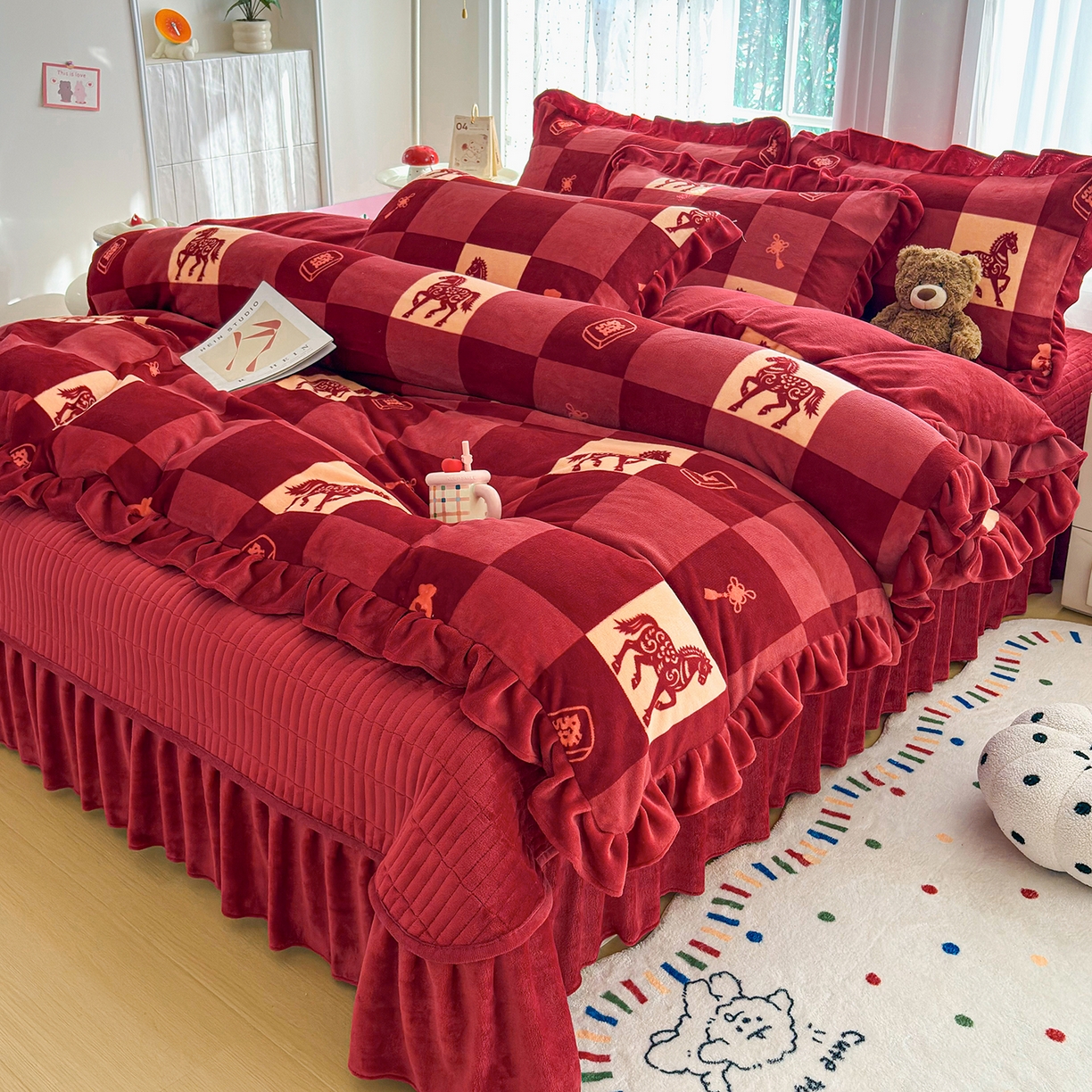 91家纺网 家纺一手货源 找家纺 （总）铠畅家纺 2026新款花边款牛奶绒床盖四件套床褥 炕垫四件套