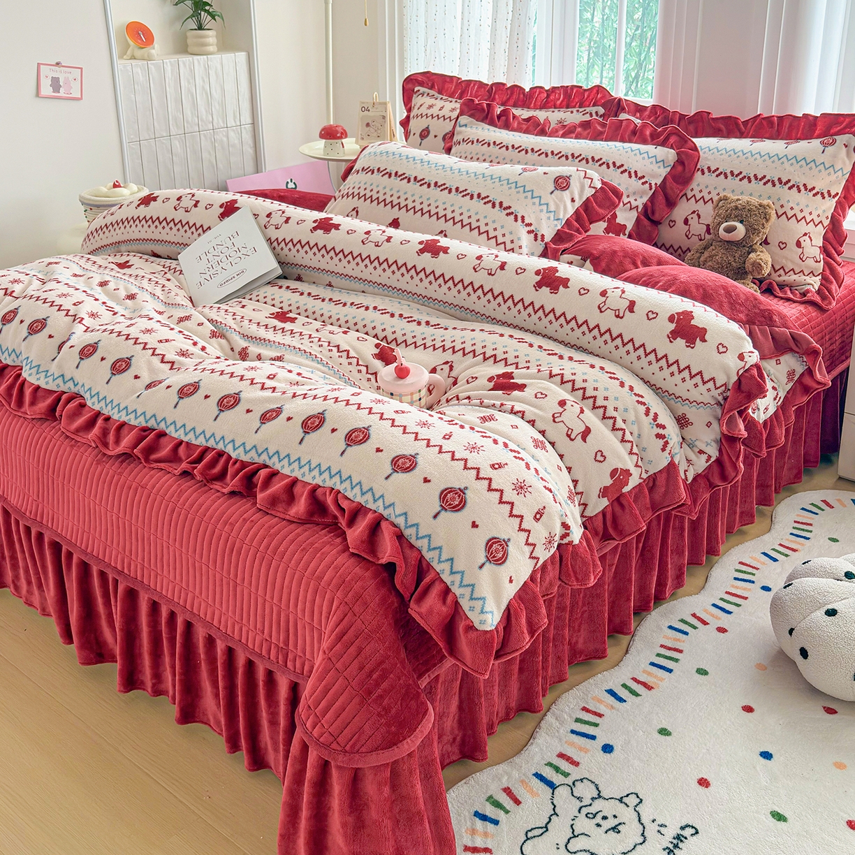 91家纺网 家纺一手货源 找家纺 （总）铠畅家纺 2026新款花边款牛奶绒床盖四件套床褥 炕垫四件套