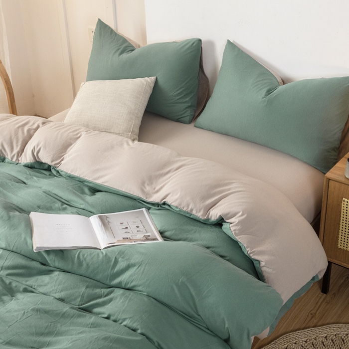 91家纺网 家纺一手货源 找家纺 良品汇馆 2026【双拼天竺棉四件套】针织棉四件套良品双拼天竺棉床品套件柔软针织件套 湖蓝+杏色 双拼