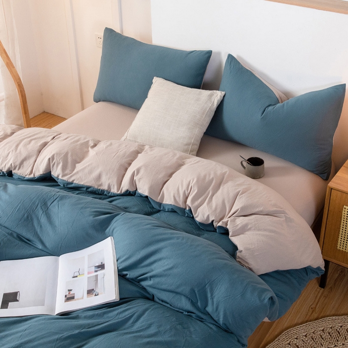 良品汇馆 2026【双拼天竺棉四件套】针织棉四件套良品双拼天竺棉床品套件柔软针织件套 海蓝+杏色 双拼