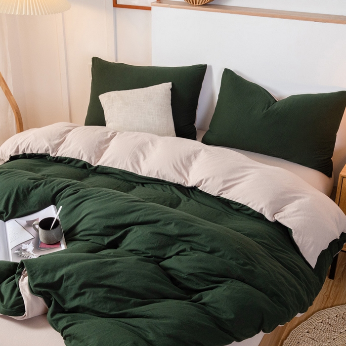 91家纺网 家纺一手货源 找家纺 良品汇馆 2026【双拼天竺棉四件套】针织棉四件套良品双拼天竺棉床品套件柔软针织件套 墨绿+杏色 双拼