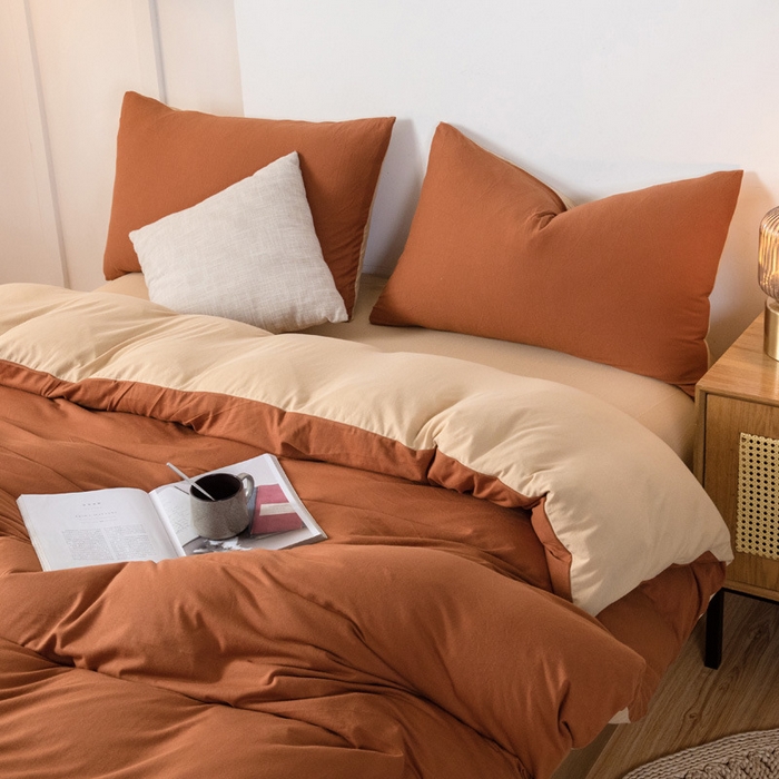 91家纺网 家纺一手货源 找家纺 良品汇馆 2026【双拼天竺棉四件套】针织棉四件套良品双拼天竺棉床品套件柔软针织件套 古铜+奶茶 双拼