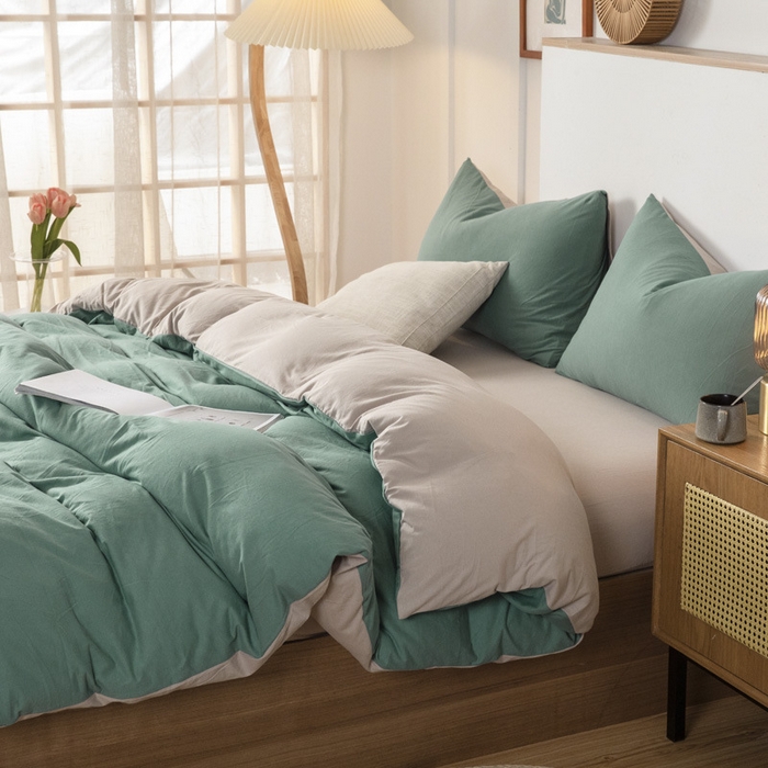 91家纺网 家纺一手货源 找家纺 良品汇馆 2026【双拼天竺棉四件套】针织棉四件套良品双拼天竺棉床品套件柔软针织件套 湖蓝+杏色 双拼