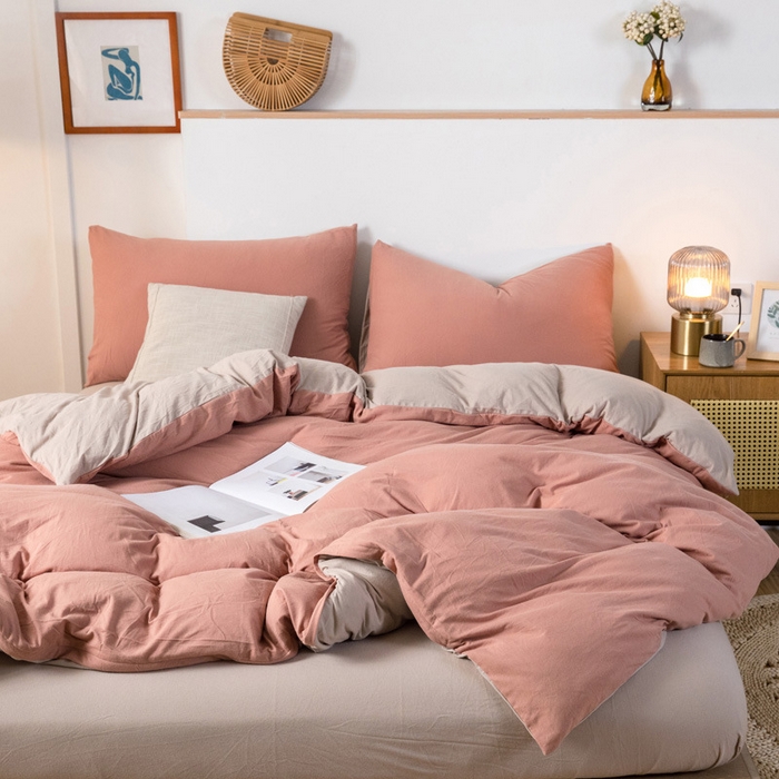 良品汇馆 2026【双拼天竺棉四件套】针织棉四件套良品双拼天竺棉床品套件柔软针织件套 紫粉+杏色 双拼