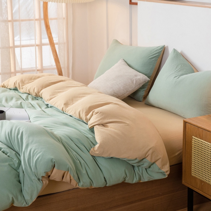 良品汇馆 2026【双拼天竺棉四件套】针织棉四件套良品双拼天竺棉床品套件柔软针织件套 天兰+奶茶 双拼