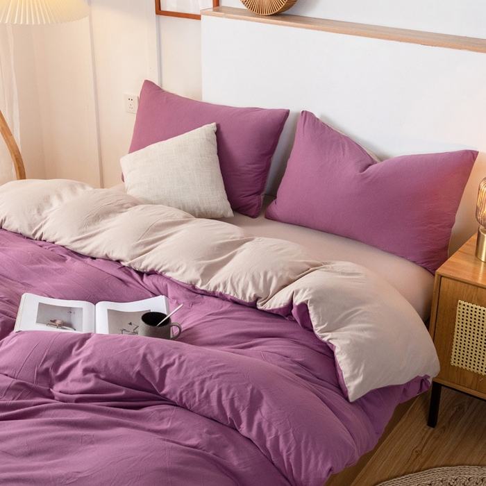 91家纺网 家纺一手货源 找家纺 良品汇馆 2026【双拼天竺棉四件套】针织棉四件套良品双拼天竺棉床品套件柔软针织件套 浅紫+杏色 双拼