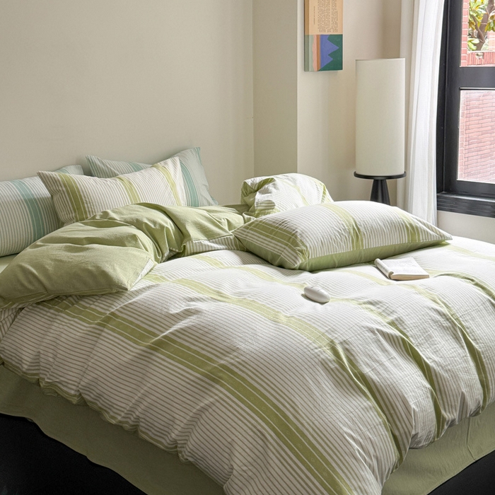 91家纺网 家纺一手货源 找家纺 良品汇馆 2026【水洗提花套件】床上四件套全棉柔软裸睡条纹提花被套床品件套新 繁星-绿