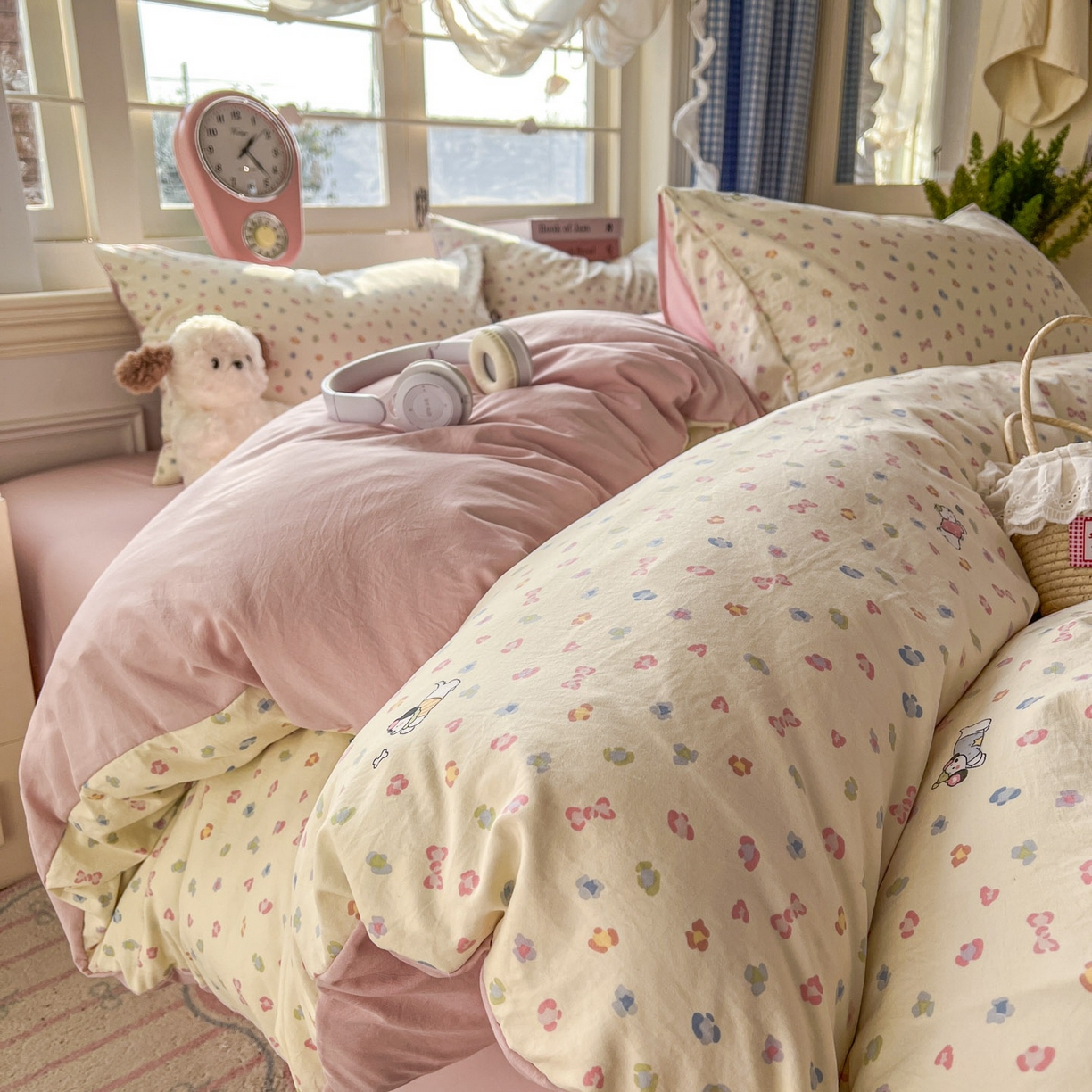 91家纺网 家纺一手货源 找家纺 思诺羽床笠 2026新款古法水洗仿棉云感棉三件套四件套 糖果小狗