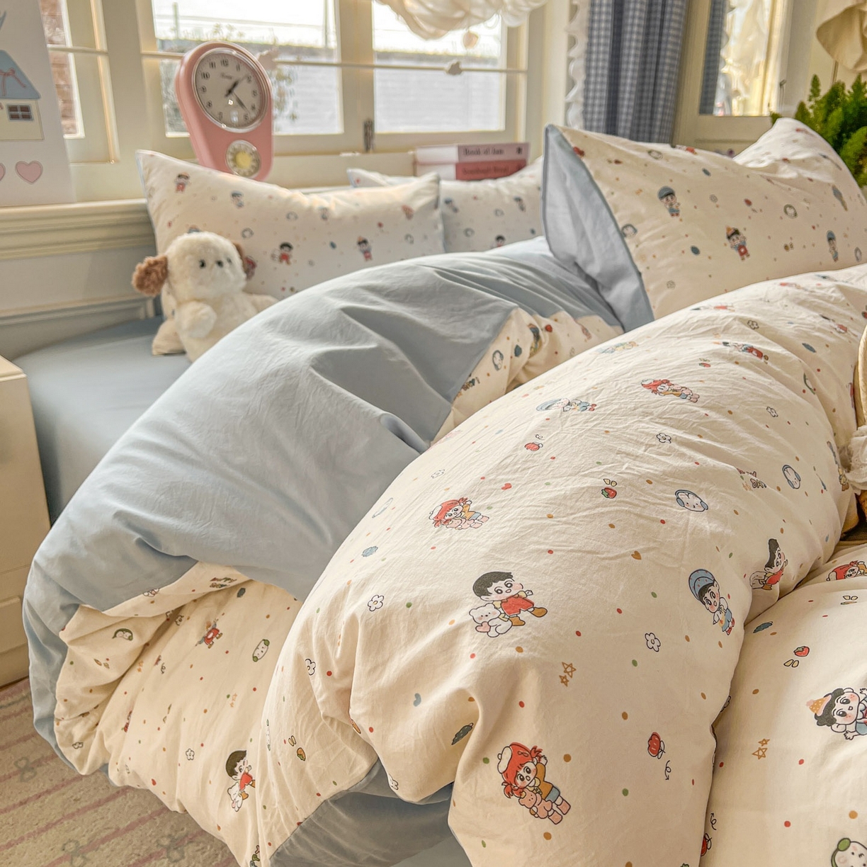 91家纺网 家纺一手货源 找家纺 思诺羽床笠 2026新款古法水洗仿棉云感棉三件套四件套 童趣