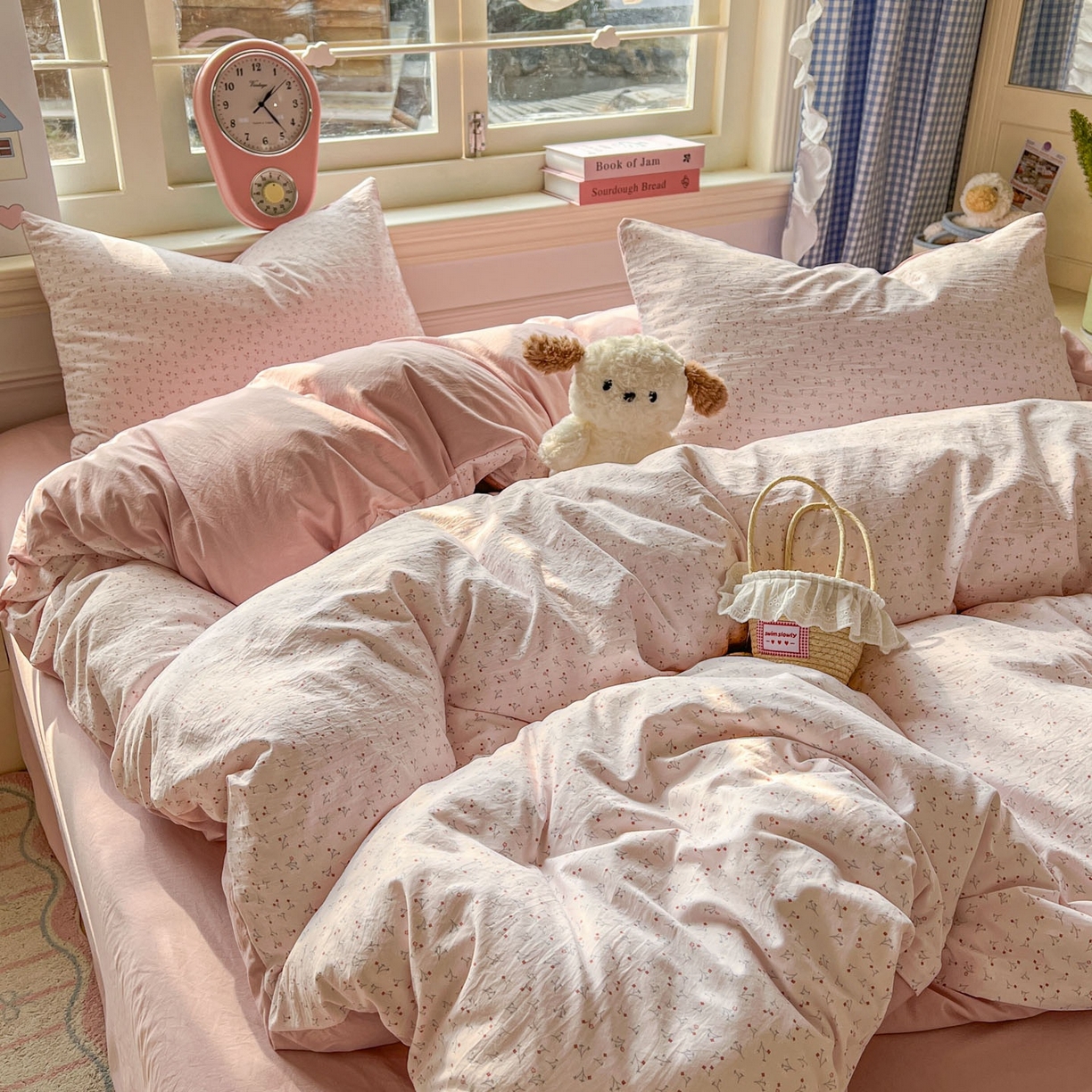 91家纺网 家纺一手货源 找家纺 思诺羽床笠 2026新款古法水洗仿棉云感棉三件套四件套 繁星粉