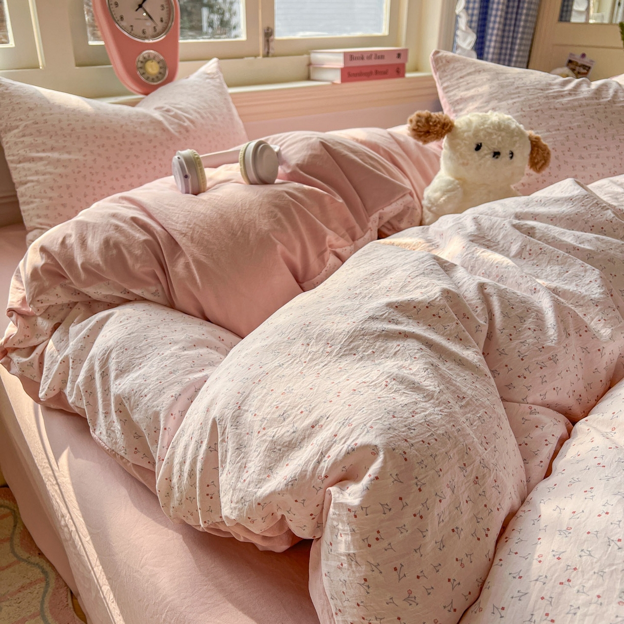 91家纺网 家纺一手货源 找家纺 思诺羽床笠 2026新款古法水洗仿棉云感棉三件套四件套 繁星粉