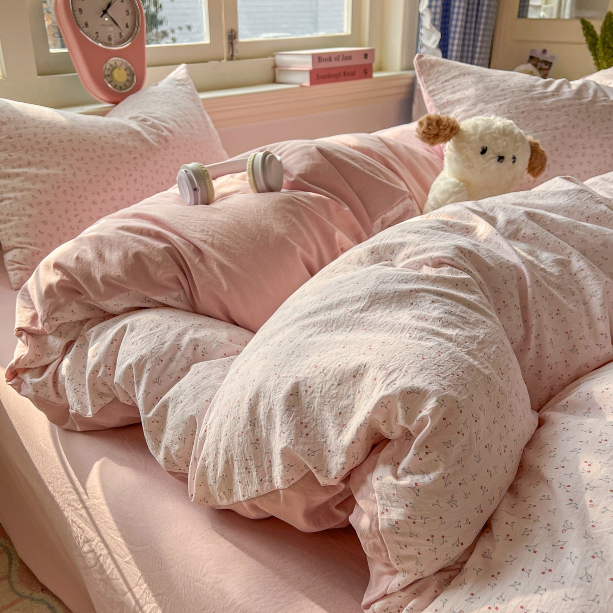 91家纺网 家纺一手货源 找家纺 思诺羽床笠 2026新款古法水洗仿棉云感棉三件套四件套 繁星粉