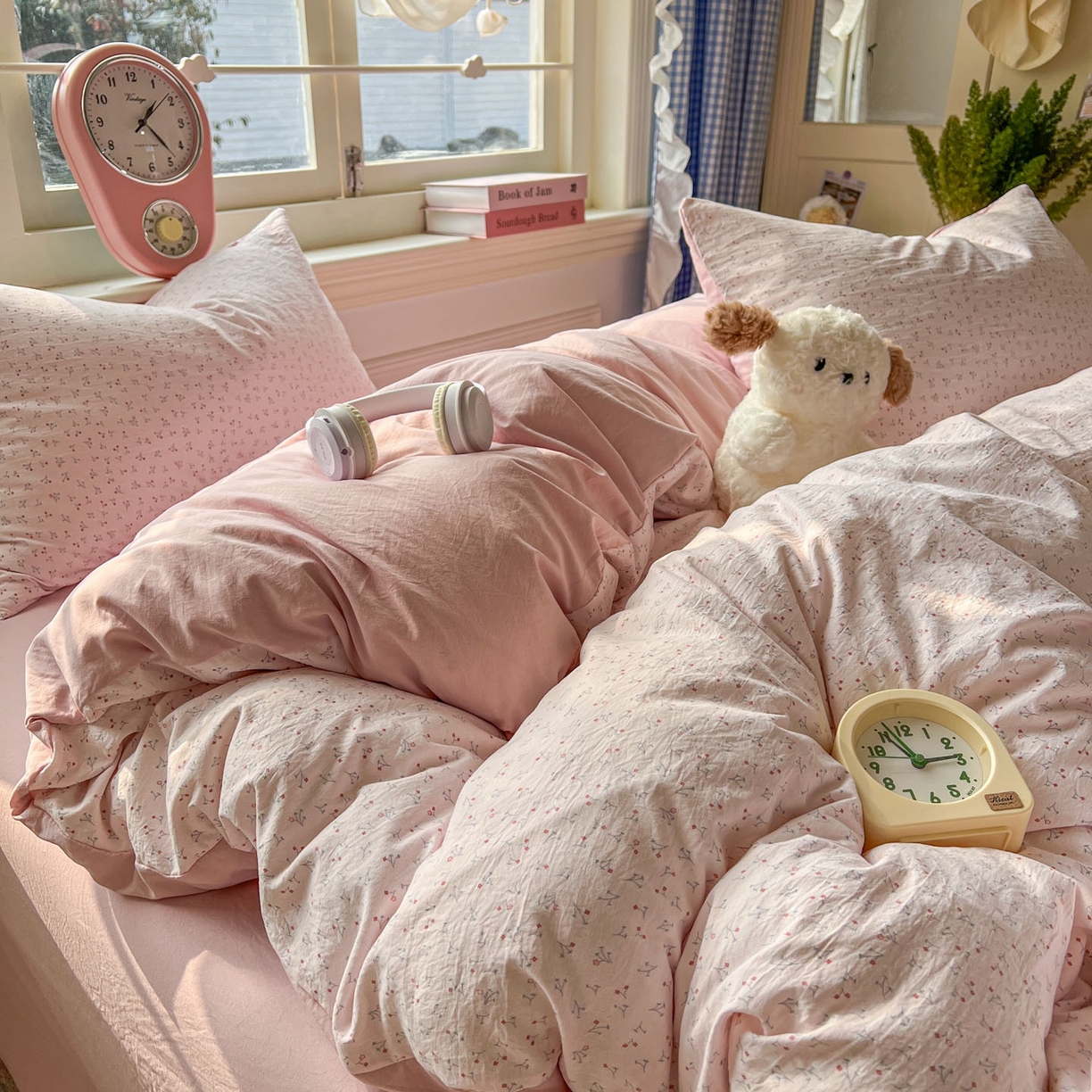 91家纺网 家纺一手货源 找家纺 思诺羽床笠 2026新款古法水洗仿棉云感棉三件套四件套 繁星粉