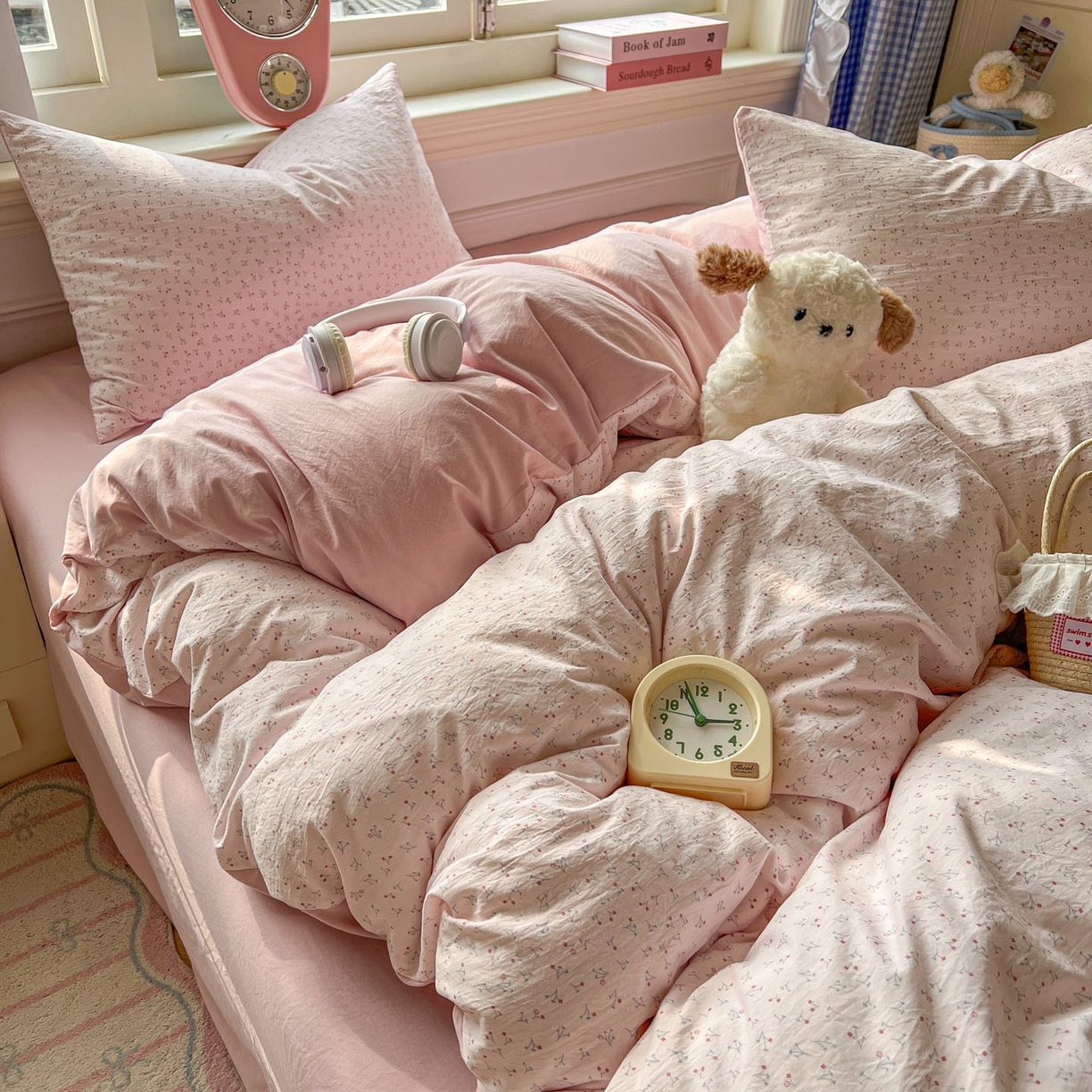 91家纺网 家纺一手货源 找家纺 思诺羽床笠 2026新款古法水洗仿棉云感棉三件套四件套 繁星粉