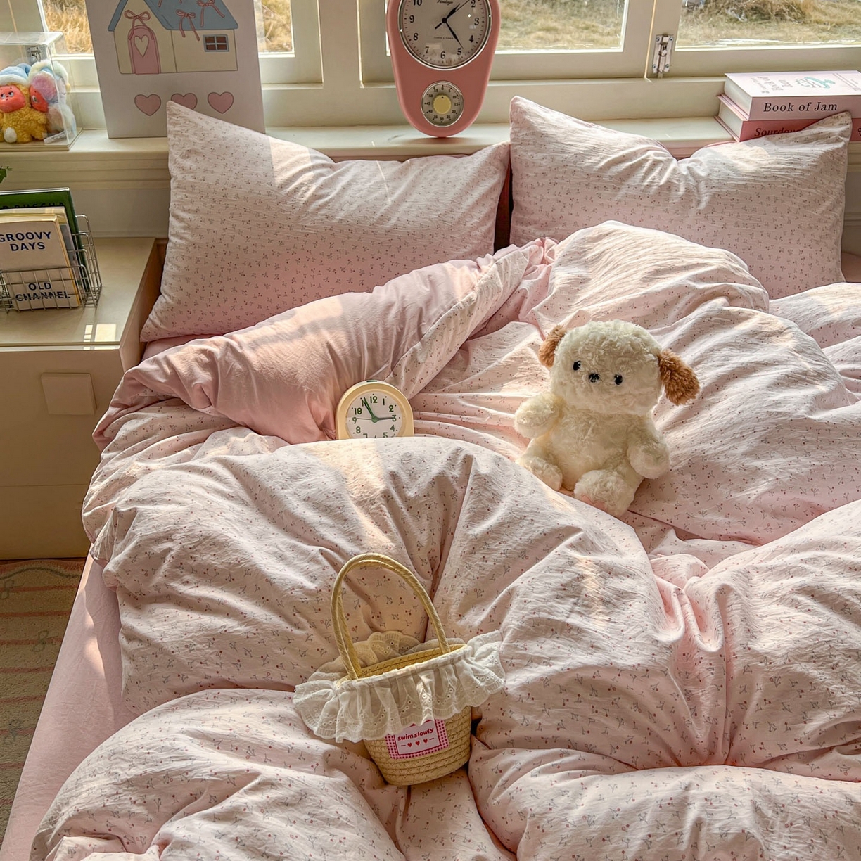 91家纺网 家纺一手货源 找家纺 思诺羽床笠 2026新款古法水洗仿棉云感棉三件套四件套 繁星粉