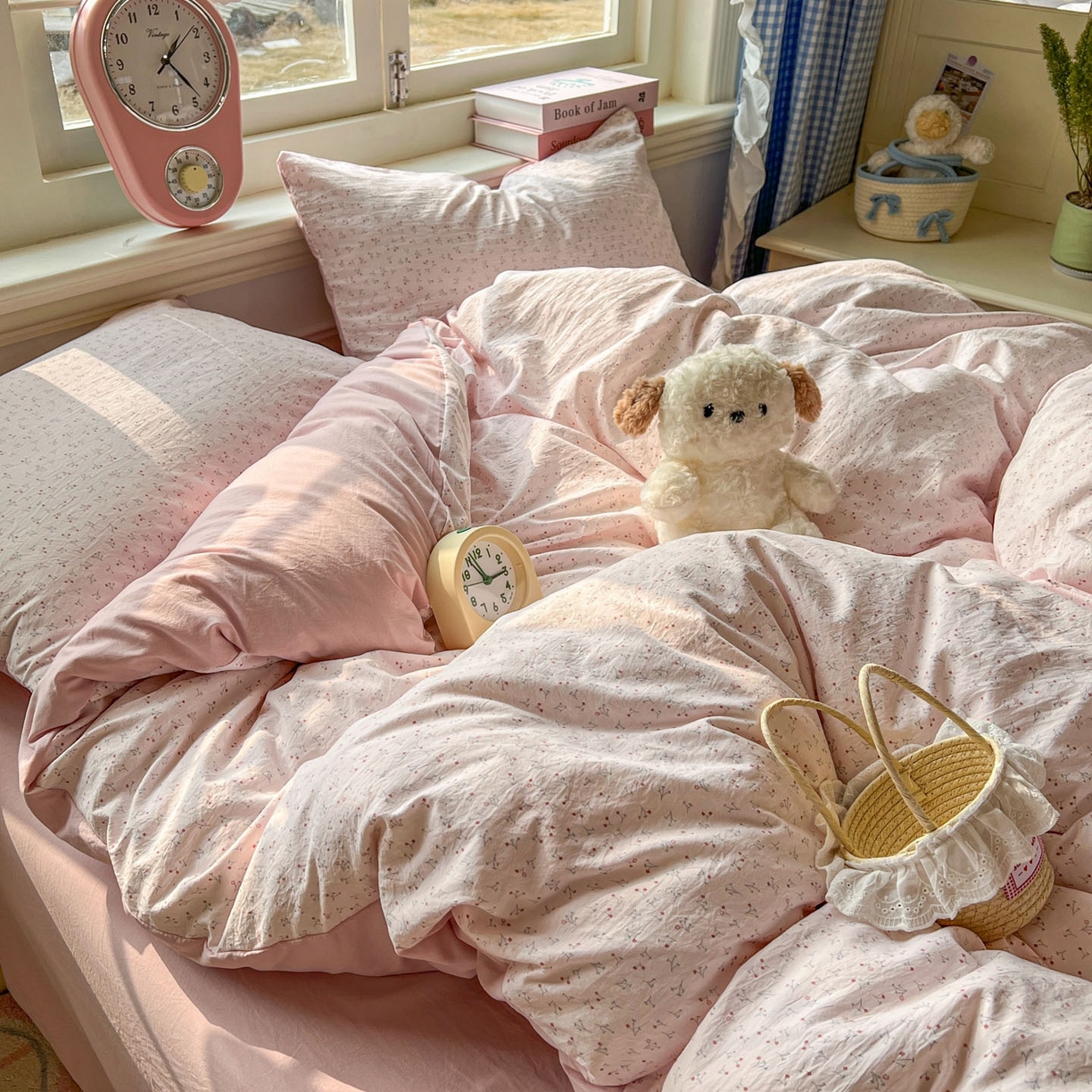 91家纺网 家纺一手货源 找家纺 思诺羽床笠 2026新款古法水洗仿棉云感棉三件套四件套 繁星粉