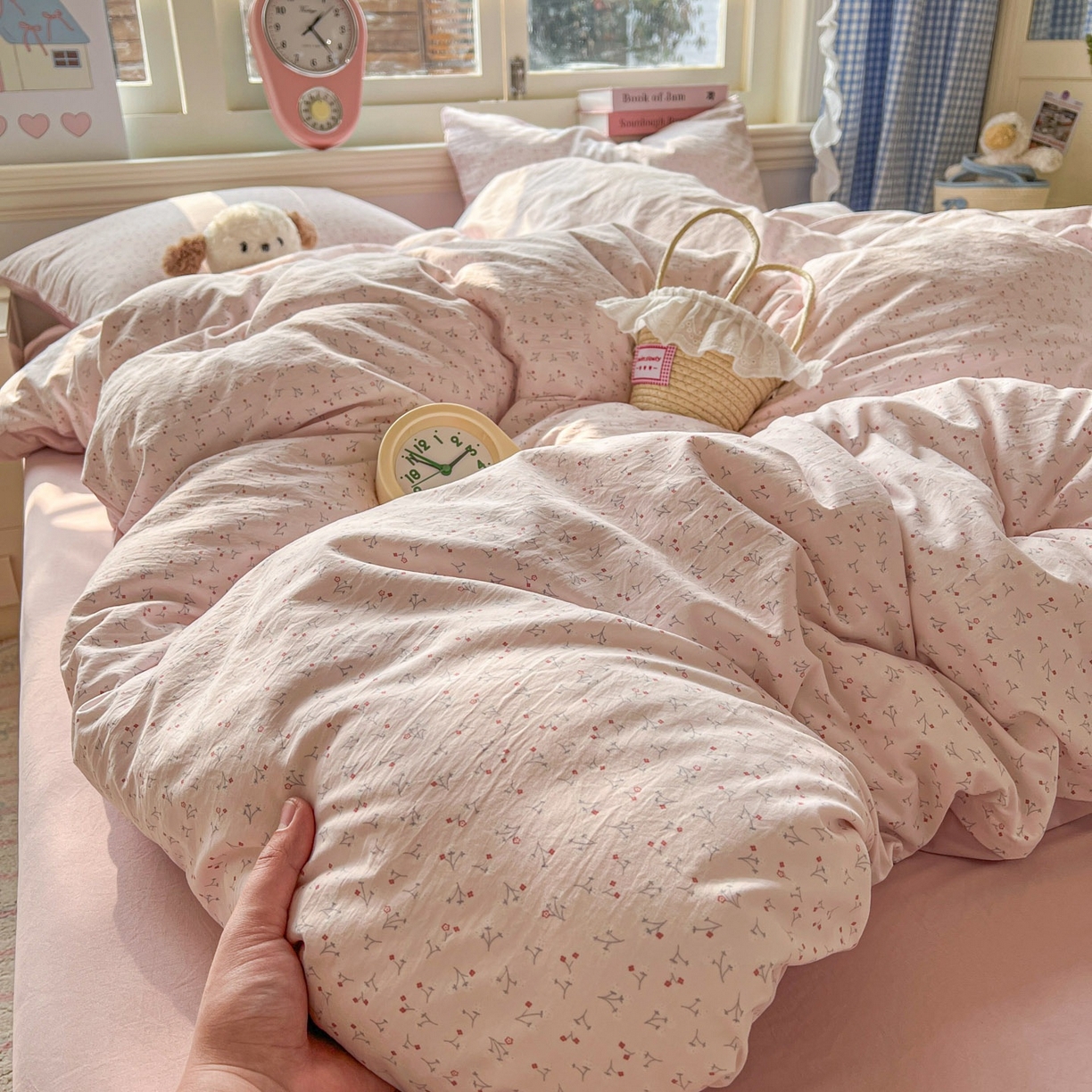 91家纺网 家纺一手货源 找家纺 思诺羽床笠 2026新款古法水洗仿棉云感棉三件套四件套 繁星粉