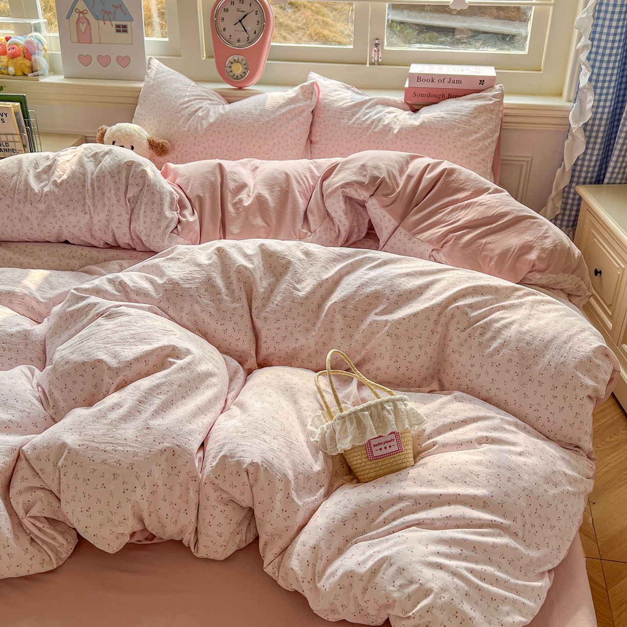 91家纺网 家纺一手货源 找家纺 思诺羽床笠 2026新款古法水洗仿棉云感棉三件套四件套 繁星粉