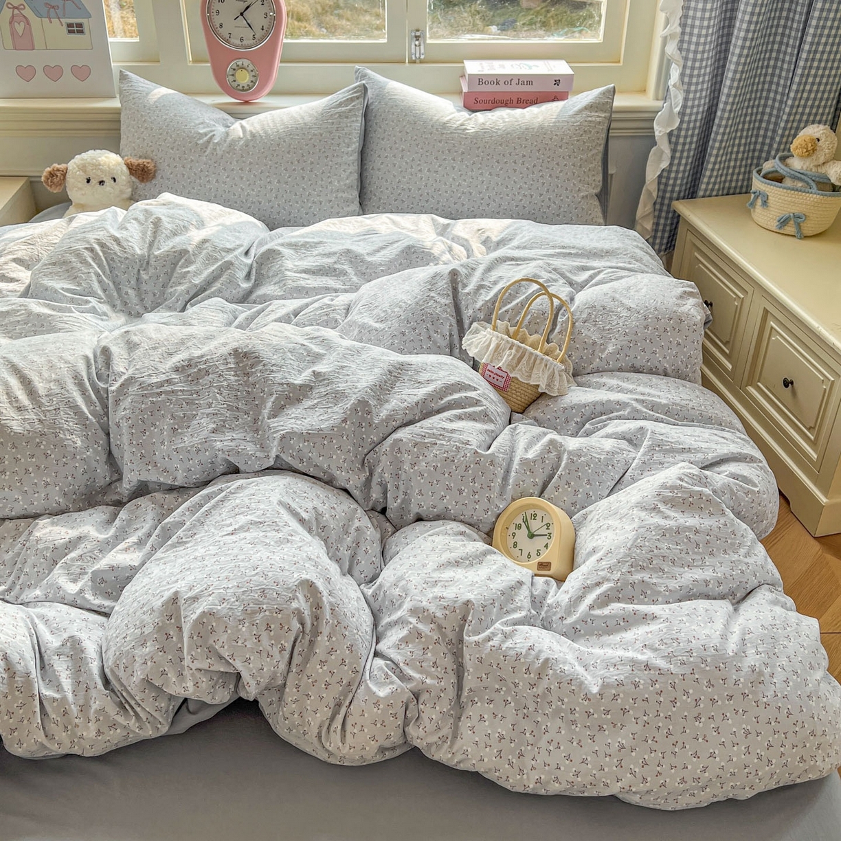 91家纺网 家纺一手货源 找家纺 思诺羽床笠 2026新款古法水洗仿棉云感棉三件套四件套 繁星蓝灰